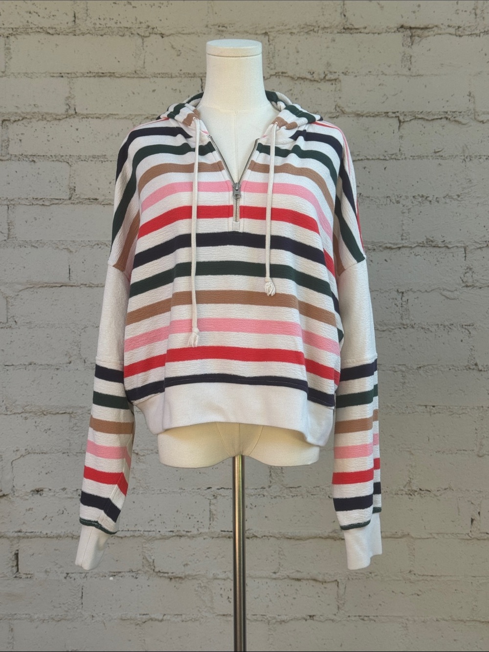 aerie Restart Quarter Zip Hoodie Soft Muslin Stripe Size L - Picture 5 of 13